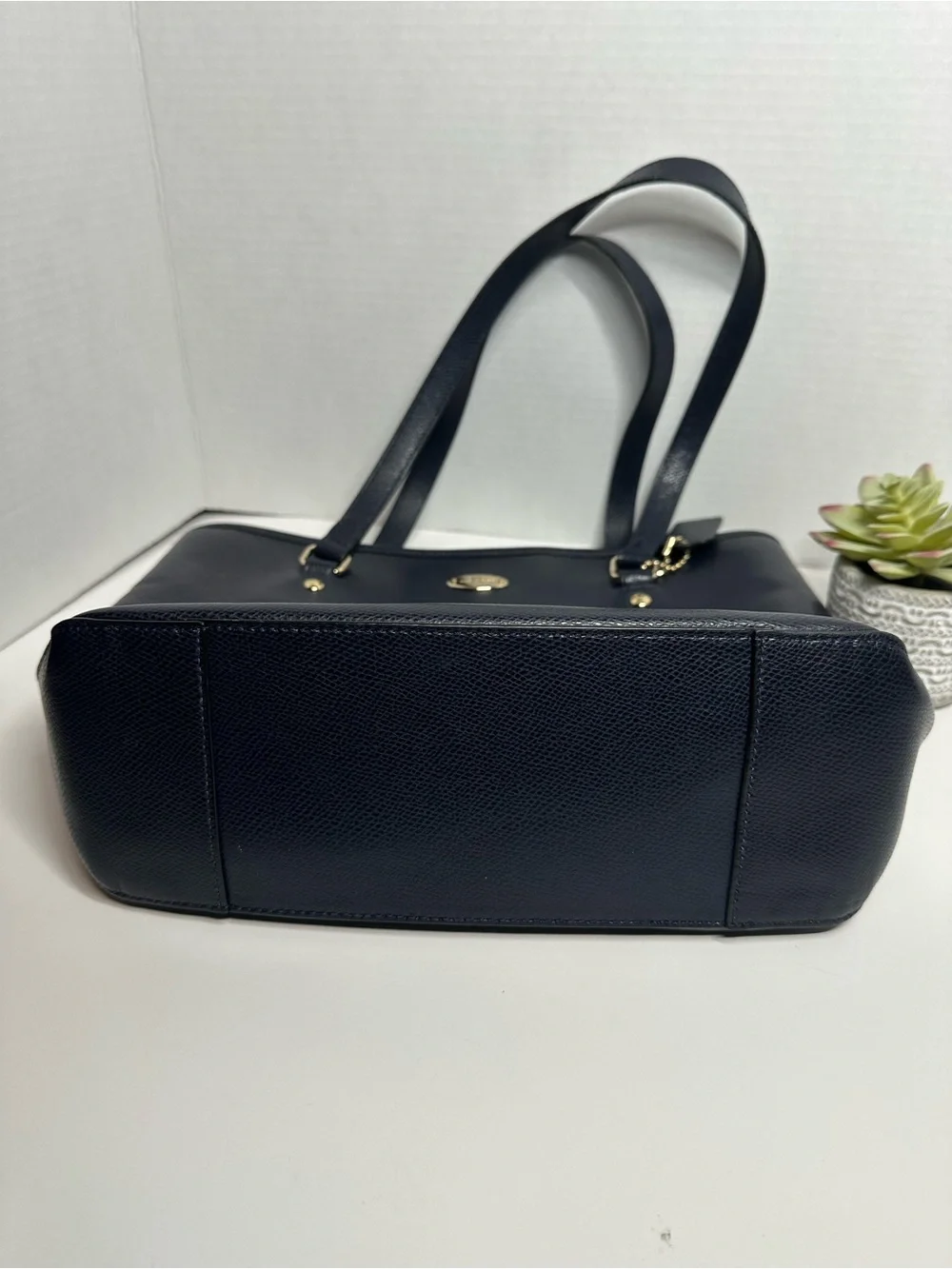 Coach Navy Pebbled Leather Tote with Tag and Gold Accent
